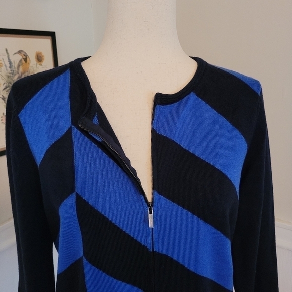 St. John 100% Wool Knit Zip Up Sweater Blue Geometric Coastal - Picture 4 of 12